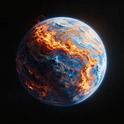 fire and water volcanic planet from space, black background, render