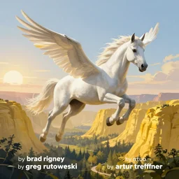 detailed fantasy creature illustration of a majestic beautiful white pegasus flying above a landscape of yellow mesas rising from a forest floor at sunrise, trending on artstation, digital art ( by brad rigney ) ( by greg rutkowski ) ( by artur treffner )