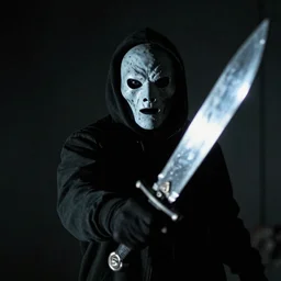 insane masked assailant weilding a shiny bladed weapon, film still from horror movie, 4k