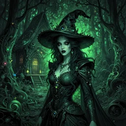 portrait of wild evil witch woman in front of sinister deep dark forest hut ambience, in style of dark fantasy art, in style of Midjourney, stylized, detailed and intricate, mandelbulber fractal, elegant, ornate, horror, elite, ominous, haunting, beautiful digital painting, cinematic, cgsociety, Zdizslaw Beksinski, James jean, Noah Bradley, Darius Zawadzki, vivid deep green colors and vibrant outlines