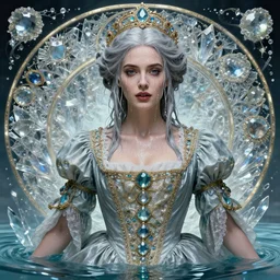 portrait of a beautiful woman wearing a royal victorial dress, silver hair, drenched body, wet dripping hair, emerging from the water, fantasy, regal, fractal crystal, fractal stone gems, by stanley artgerm lau, ross tran, greg rutkowski, thomas kindkade, alphonse mucha, loish, norman rockwell