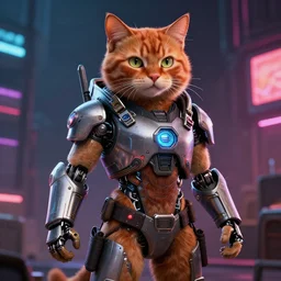 anthropomorphic ginger cat, cyberpunk battle armour, revolver, cyborg, glowing, 3 d render, realistic, blade runner background.