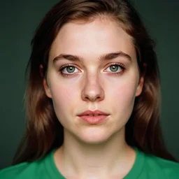 tattooed white girl, brown hair, green eyes, dutch, wide set eyes, oval face, round cheeks, wearing green shirt, symmetrical, 3 0 years old, pretty, high cheekbones, leica s, 5 0 mm lens, kodachrome, 1 9 6 9, shot by platon