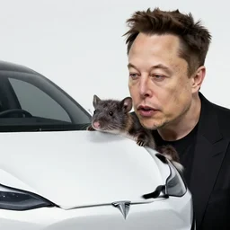 elon musk skunk animal mixed together, closeup detailed, tesla car, studio photo