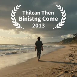 Documentary film, long shot, one man walking on the beach
