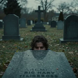 a living person's head sticking out in a grave on the graveyard, cinematic perspective, movie shot, 8k, full hd