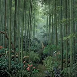 bamboo forest, lot of exotic vegetation, trees, flowers, dull colors, in the foggy huge forest, by victo ngai, moebius, jean giraud, hyperrealism, intricate detailed