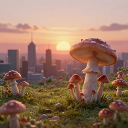 sunset over a microscopic city of mushrooms, 🍄🍄🍄🍄🍄, macro photography, digital art by beeple, trending on artstation