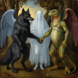 phantom holding hands with a werewolf and a lizard man. painting by gertrude abercrombie, fra angelico, bosch