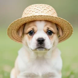 a puppy wearing a straw hat