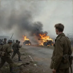 a painting of jeremy mann, street view of a world war ii skirmish between army soldiers, battle tnaks burning from afar, 1 9 4 0, dramatic vignette, dramatic lighting, dreamy, misty, desaturated, ominous, unsettling