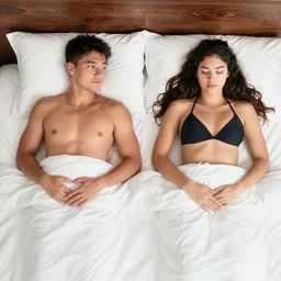 photo of a 4 0 year old man that looks young for his age dating a very attractive 2 q year old woman wearing a bikini. they are ready to go to sleep