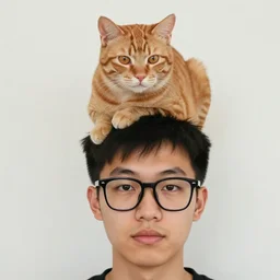 young taiwanesse man wearing black framed glasses, a orange cat is sitting of his head