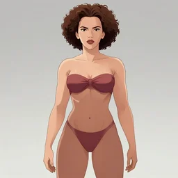 scarlett johansson as baki with perfect symmetrical anatomical proportions, afro samurai animes style, by greg rutkowski, pencil and ink, full colour, dramatic lighting, wide angle lens, full body within frame, wearing leather swim suite, beautiful beach in the background sharp, smooth, intricate detail, hyper detail, magazine cover, vogue