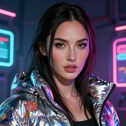 detailed portrait of megan fox as a neon operator girl, cyberpunk futuristic, neon, reflective puffy coat, decorated with traditional japanese by ismail inceoglu dragan bibin hans thoma greg rutkowski alexandros pyromallis nekro rene margitte, illustrated, perfect face, fine details, realistic shaded, fine - face, pretty face