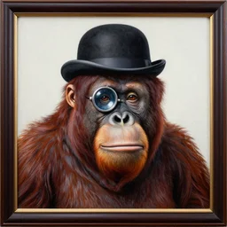 framed portrait painting of an anthropomorphized orangutan, wearing a monocle and a small bowler hat, oversized mustache. dark outlining style. highly detailed. style of chuck u