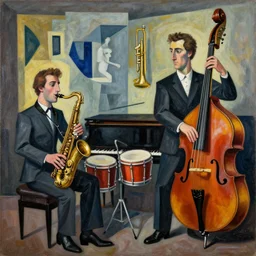 jazz quintet, cubist painting, pablo picasso, saxophone, drums, piano, trumpet, double bass