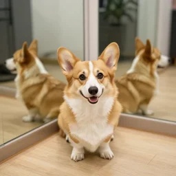 Corgi in a hall of mirrors