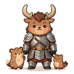 cute drawing, female Minotaur warrior, brown fur with white spots, family friendly, armored, concept art