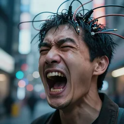 a highly detailed close up of a screaming man with electrical wires and computer cables coming from the top of his head, in a cyberpunk shinjuku setting, 4 k hyper - realism photo