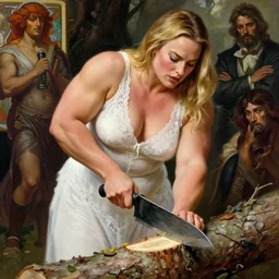margot robbie, large body builder muscles, chopping down a tree, white lace clothing, highly detailed, digital painting, matte, sharp focus, art by artgerm, greg rutkowski, alphonse mucha, frank frzetta, boris vallejo, bouguereau, beksinski, cinematic