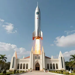 Iglesia ni Cristo temple taking off like a rocket, concept art, artstation