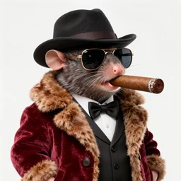 anthropomorphic gangster rat with a large cigar in its mouth wearing a velvet fur coat, wearing sunglasses and a hat, detailed, 3d render, pixar