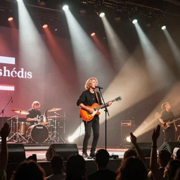 live on stage rock concert of Red Letter Media Mike Stoklasa Rich Evans Jay Bauman, neon colors, misty atmosphere, cinematic angle, epic composition, action post