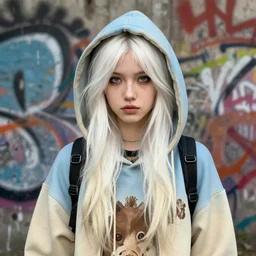 highly detailed portrait of a sewer punk swedish young lady, hoodie, white hair by atey ghailan, by greg rutkowski, by greg tocchini, by james gilleard, by joe fenton, by kaethe butcher, gradient light blue, blonde, brown, cream and white color scheme, grunge aesthetic!!! ( ( graffiti tag wall background ) )