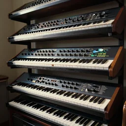 a shelf of amazing futuristic synthesizers, cinematic lighting, detailed, beautiful colors, by greg rutowski and studio ghibli