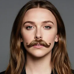 Stunning portrait photo of Millie Bobby Brown with a big moustache on her upper-lip