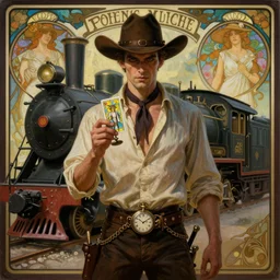 a dramatic ethereal epic symmetrical painting of a handsome villainous cowboy standing in front of a steam train locomotive ; his shirt is unbuttoned and he has a pocketwatch ; tarot card, art deco, art nouveau, ( steampunk ), homoerotic, realistic ; by louis comfort tiffany and alphonse mucha ; trending on artstation