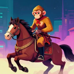 samurai monkey riding a horse, digital art, artstation, synthwave