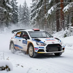 a 1 9 6 6 mg b gt, racing through a rally stage in a snowy forest