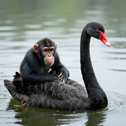 a combination of a black swan and an ape, swimming in the lake. portrait photography, high definition, 4 k, 8 k, popular on national geographic, highly detailed feathers.