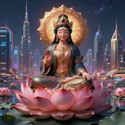 Beautiful 3d render of the flower queen goddess sitting on a giant lotus, centered, symmetry, with the third eye on her forehead, painted, intricate, volumetric lighting, beautiful, rich deep colours masterpiece, sharp focus, ultra detailed, in the style of Dan Mumford and marc simonetti, with a clear crowded futuristic cyberpunk dubai city in the background, astrophotography
