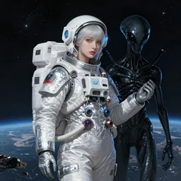 wearing silver white astronaut wardrobe girl holded by  an black alien at planet surface, ssci-fi, neon light and fantasy, intricate and very very beautiful and elegant, highly detailed, digital painting, artstation, concept art, smooth and sharp focus, illustration, art by tian zi and WLOP and alphonse mucha
