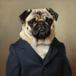 pug in a suit, painting by ralph grady james, jean christian biville