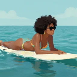 profile view of a beautiful jamaican woman with sunglasses and an afro lying on a surfboard in the middle of the ocean,  art by Greg Hildebrandt