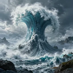 tsunami, trending on artstation, incredible post - processing lighting, extreme detail, wide angle shot, epic scenery, epic scale, centered composition, cinematic composition, use rule of thirds, high details, intricate details
