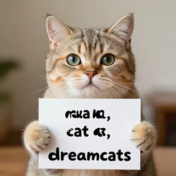 realistic high quality photo of a cute cat holding a sign with text that reads : dream, cat, casts, cats cat cat dreamcats,