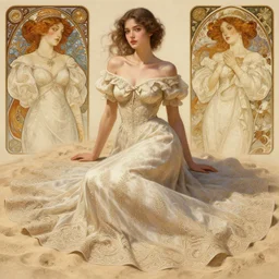 mayors beautiful daughter, elegant dress, sand, intricate, highly detailed, digital painting, artstation, concept art, smooth, sharp focus, illustration, Unreal Engine 5, 8K, art by artgerm and greg rutkowski and alphonse mucha, by Jesper Ejsing