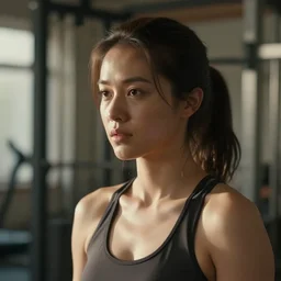 Live Action Still of woman in the gym, real life, body and headshot, film still