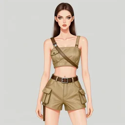 fashion design illustration of a slender young woman wearing a khaki outfit, bright eye makeup, warrior body, photo by mario testino, cinematic, hyper detailed, micro details, insanely detailed, trending on artstation, concept art, insanely detailed and intricate