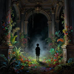 a silhouette of boy exploring a dark baroque neoclassicist halls overgrown with colorful swamplife. close - up view, detailed iridescent textures. glowing fog, dark black background. highly detailed fantasy science fiction painting by moebius, norman rockwell, frank frazetta, and syd mead. rich colors, high contrast