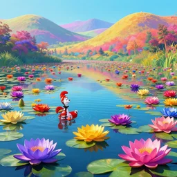 digital illustration of a lake full of multi - colored megaflora water lily flowers by dr. seuss, reimagined by ilm and beeple : 1 | spectral color, electric color, rolling hills : 0. 9 | fantasy : 0. 9 | unreal engine, deviantart, artstation, hd, 8 k resolution : 0. 8