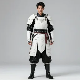male fashion model with white ancestral ornate medieval tactical gear, black leather samurai garment, full shot fashion photography, dark abandoned cyberpunk factory, by irving penn and storm thorgerson, ren heng, peter elson,