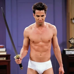 chandler bing extremely angry wearing nothing but white y - fronts holding a samurai sword,'friends'9 0 s tv show screenshot