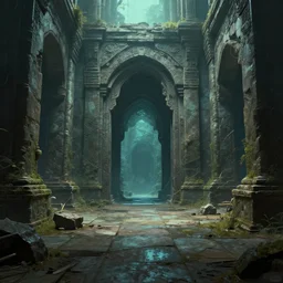 a portal in the floor, ancient ruins, epic retrowave art, trending on art station