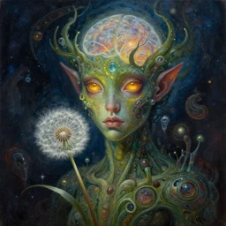 portrait oil painting, abstract expression, astral energy, dimensional consciousness, fantastical, ultra realistic, dandelion in a symbiosis with a plant humanoid monster at night, glowing eyes, amber, intricate details, artifacts, luminous skies, transparent brain, highly detail, michael cheval, peter mohrbacher, boris vallejo, jessica rossier, oil